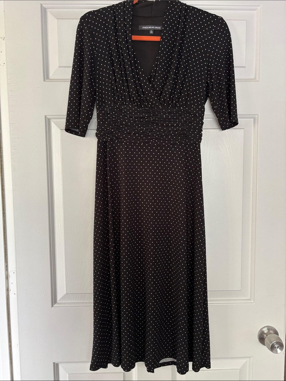 Jones New York Black and White Polka Dot V-Neck Midi Dress